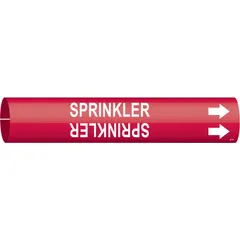 This snap-on pipe marker identifies sprinkler system piping. It features a red background with white legend and directional arrows. Fits pipe outer diameters from 1-1/2 to 2-3/8 inches. Supplied as a single marker.