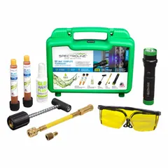 This fluorescent leak detection kit includes a 0.5 oz green dye cartridge, a violet light LED flashlight (AAA batteries included), and a 2 oz GLO-AWAY Plus Dye Cleaner. Designed for use with CFC refrigerant groups, the kit enables visual identification of leaks in HVAC and refrigeration systems.