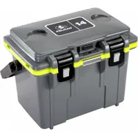 This PELICAN heavy-duty chest cooler holds up to 6 cans with a 14 qt capacity and provides 5 day ice retention. The Gray/Green unit does not include a drain plug or wheels. Suitable for outdoor activities such as camping, job sites, or tailgating where reliable cooling is required