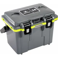 This PELICAN heavy-duty chest cooler holds up to 6 cans with a 14 qt capacity and provides 5 day ice retention. The Gray/Green unit does not include a drain plug or wheels. Suitable for outdoor activities such as camping, job sites, or tailgating where reliable cooling is required.
