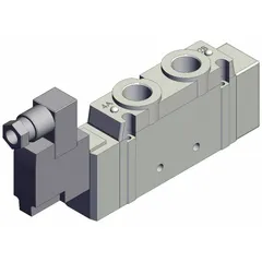 Single solenoid, five-way/two-position directional control valve with five ports and 1/4 in port size. Operates on 110V AC supply with internal pilot and non-locking monostable operation. Used to direct compressed air in automated machinery and industrial process control systems.