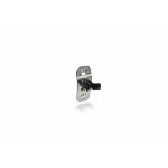 Surface-mount spring clip toolholder for square-hole pegboard, designed to organize small brushes. Features three vinyl-coated stainless steel hooks with 7/8 in depth and includes ABS retainers for secure tool retention. Suitable for workshop and storage applications.