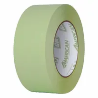 This high-performance masking tape features a green rubber adhesive on a crepe paper backing, designed for indoor/outdoor use on metal surfaces. It provides clean removal and sharp paint lines, suitable for automotive refinishing, industrial painting, and powder coating applications