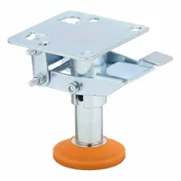 Steel floor lock with abrasion-resistant nonmarking pad, designed for 4-inch wheel diameter. Retracted height of 4 3/8 inches. Used to stabilize mobile equipment such as carts, racks, and workstations in industrial and warehouse settings