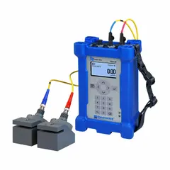 Portable clamp-on ultrasonic flowmeter for water flow measurement in pipes from 1/2 to 12 inches. Accuracy of +/- 0.5%. Operates on 240V AC. Aluminum construction. Suitable for non-invasive flow monitoring in water treatment, HVAC, and process systems.