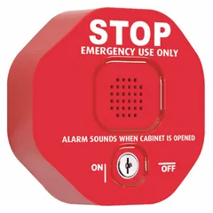 This electrically corded standard door alarm features a red polycarbonate body and a mortise cylinder type. It emits a 105 dB siren sound when the door is opened, suitable for monitoring emergency exits and controlling access in commercial and institutional settings.