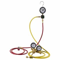 This A/C nitrogen leak detector kit is used to pressurize and locate leaks in automotive air conditioning systems. It includes a 6 ft (180 cm) premium red 1/4 in service hose. Designed for professional technicians to verify system integrity before recharging.
