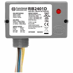 General purpose power relay with DPDT contacts, 10 A rating, and coil voltage of 24V AC/DC/120V AC. Features a 0.50 in NPT nipple for mounting in junction boxes or control panels. Suitable for switching loads in HVAC, lighting, and industrial control applications.