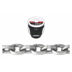 This Grade-43 load-securing chain is made of carbon steel with a straight, welded design. It is used for tie-down and load-binding applications in transportation, construction, and industrial rigging to secure cargo on flatbed trucks, trailers, and shipping containers.