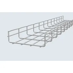 This straight section wire mesh tray is used for supporting and routing electrical cables in cable management systems. Constructed from steel with a zinc-plated finish, it measures 24 inches wide, 2 1/4 inches high, and 10 feet long, with a weight capacity of 95 pounds. The open mesh design allows for airflow and simplified cable routing.