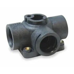 Left-hand valve body for institutional toilet flush valves. Made of black Noryl material. Overall width 2-3/8 inches, overall height 2-1/8 inches. Compatible with Air-Trol series.