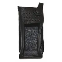 This black hard leather case is designed for Motorola APX 9000 series radios. It features a fixed belt clip for secure attachment to a belt, allowing hands-free carrying during use in field operations, security patrols, or industrial environments