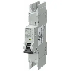 This 1-pole miniature circuit breaker from the Siemens 5SJ4 series features a C-curve trip characteristic and is UL489 listed for DIN rail mounting. Rated 32A with a maximum interrupting rating of 10kA at 277V AC and 60V DC, it uses screw clamp terminals. Suitable for branch circuit protection in industrial and commercial panels, it handles moderate inrush loads common in lighting, control, and power distribution systems.