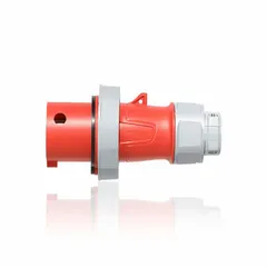 Washdown-rated pin and sleeve plug for three-phase 277/480V AC, 30 A applications. Features 4 poles, 5 wires, and IEC grounding. Suitable for industrial environments requiring water-resistant connections, such as food processing and washdown areas.
