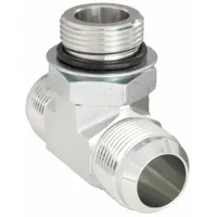 This steel hydraulic hose adapter features a male ORB (O-ring boss) connection on one end and male JIC flare connections on the other two ends, all with 3/4 in fitting size. It is used in fluid-power systems to transition between ORB ports and JIC fittings, providing a leak-resistant connection in hydraulic applications