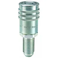 Steel-bodied quick-connect coupling body for hydraulic systems. Features a 3/4"-16 thread size and a maximum flow rate of 22.71 lpm. Used for rapid connection and disconnection of fluid lines in industrial machinery and mobile equipment