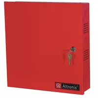 Steel enclosure designed to house two 7Ah batteries. Provides secure housing for battery installations in power supply systems. Red finish