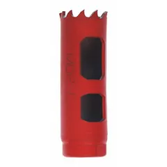 Multi-material-cutting hole saw without arbor. 5/8 in saw diameter, 5/6 teeth per inch, 1/2"-20 thread size, and 1 7/8 in maximum cutting depth. Suitable for cutting wood, metal, and plastic in industrial and construction applications.