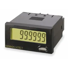 Digital hour meter with LCD display, flush mount style, and rectangular bezel. Operates on 0 V AC/DC to 30 V DC. Measures 1 7/8 in x 1 7/8 in. UL listed with NEMA 4 enclosure rating. Used for tracking operating hours of industrial equipment, generators, and pumps.