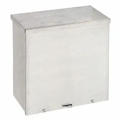 This WIEGMANN steel enclosure measures 12 x 12 x 4 inches and is rated 3R for outdoor or indoor use where protection against rain and sleet is required. It features a galvanized finish, a solid screw-on cover, and a padlock hasp closure. No knockouts are provided. Typical applications include housing electrical controls, terminals, and instruments in industrial and commercial settings.
