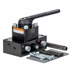 Manual lever-operated directional control valve with manifold, offering three positions and 1/4 in NPT ports. Suitable for hydraulic systems requiring flow direction control in industrial machinery, presses, and material handling equipment.