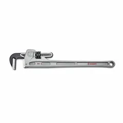 Straight pipe wrench with 24 in overall length and 3 1/2 in jaw capacity. Serrated jaw provides secure grip on pipes and fittings. Ergonomic design and aluminum construction reduce weight. Suitable for turning and holding round stock in plumbing and mechanical work.