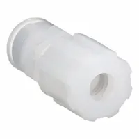 This PARGRIP compression fitting adapter connects 3/8 in OD PFA tubing to a 1/4 in FNPT port. Made from FDA-approved PFA, it is suitable for applications requiring chemical resistance and purity, such as food processing, pharmaceutical, and laboratory systems
