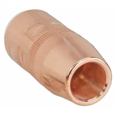 Self-insulated standard-duty nozzle for MIG welding. Directs shielding gas and protects the contact tip. Features a 5/8 in conical copper design with 1/8 in recess. Compatible with Centerfire contact tips.