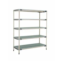 This stationary plastic shelving unit from METRO features a 304 stainless steel frame and polymer shelves with antimicrobial resistance. It includes 5 shelves and has an overall height of 74 inches. Suitable for harsh environments where hygiene and corrosion resistance are required, such as healthcare, food processing, and cleanroom facilities.