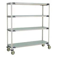 This mobile shelving unit from METRO features four standalone shelves constructed of 304 stainless steel with antimicrobial and corrosion-resistant properties. NSF approved, it is recommended for wet environments and includes two swivel casters for mobility. Suitable for use in commercial kitchens, healthcare facilities, and laboratories where sanitation and durability are required.