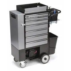 This heavy-duty utility cart measures 37 1/2 inches wide, 14 1/2 inches deep, and 45 inches high. It features no lid and is padlockable for secure storage. The cart includes wrenches and is designed for organizing and transporting tools and equipment in industrial workshops, maintenance facilities, and warehouses.