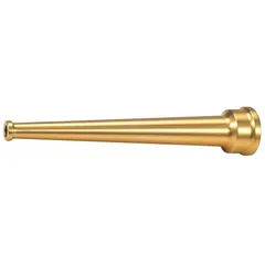 This solid bore fire hose nozzle delivers a solid stream for fire suppression. It features a rigid brass body with NPSH threading and activates by constant on, providing a steady flow. Suitable for use with fire hoses in fire protection systems.