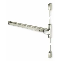 Surface vertical rod push bar for doors up to 36 in wide. Constructed of stainless steel with a touchbar. Does not include a cylinder. Not ligature-resistant. Suitable for commercial egress applications requiring a surface-mounted vertical rod exit device.