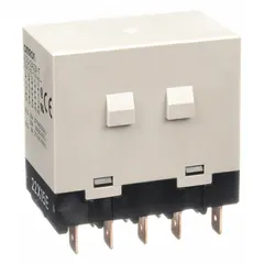Bracket-mounted enclosed power relay with a square base and W-bracket mounting style. Features DPST-NC/DPST-NO contact configuration, 25 A operating current at 30V DC resistive load (NO), and 100/120V AC coil voltage. Electrical connection via quick-connect terminals. Suitable for switching high-current loads in industrial control panels, HVAC systems, and automation equipment.