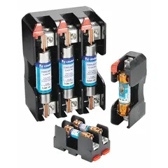 Single-pole open block fuse holder for UL Class RK1 and RK5 fuses. Rated 250 V AC with box lug terminals and an indicating feature. Suitable for overcurrent protection in industrial control panels, motor circuits, and power distribution systems.