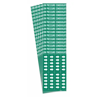 BRADY Pipe Marker: Low Pressure Condensate, Green, White, Fits 3/4 in and Smaller Pipe O.D. - Low Pressure Condensate Adhesive Pipe Markers