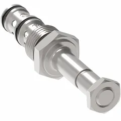 Steel-bodied pressure control cartridge valve with cap adjustment. Designed for C-16-2 cavity size. Uses nitrile seals. Used in hydraulic systems to regulate or limit pressure in mobile and industrial equipment such as loaders, lifts, and agricultural machinery.