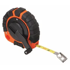 Manual closed-reel tape measure with a 50 ft SAE blade. Single-sided stainless steel blade with 1/8 in graduations and a nonmagnetic single hook end. Suitable for measuring distances in construction, surveying, and industrial layout.