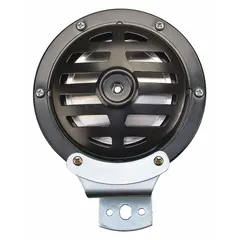 Electric-powered horn designed for material handling equipment. Operates on 24-48V DC with a maximum sound level of 115 dBA. Black painted finish. Includes mounting bracket.