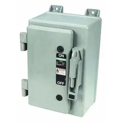 This Siemens fusible safety switch is rated 30 A at 600V AC for three-phase applications. The non-metallic enclosure allows indoor or outdoor installation. It is used to safely disconnect power for maintenance or emergency shutdown in industrial and commercial electrical systems.