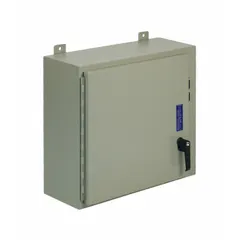 This WIEGMANN disconnect switch enclosure is constructed from powder-coated steel and measures 20 x 21 x 8 inches. It features a handle closure method and is designed for housing disconnect switches in indoor environments where protection against dust, dirt, and non-corrosive liquids is required.