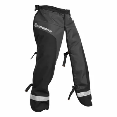 HUSQVARNA Chainsaw Chaps: Polyester, 32 in Overall Lg, Black, Open Back Chap - Chainsaw Protective Chaps