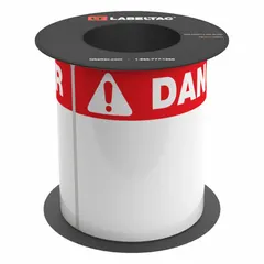 Red OSHA danger header precut label roll for industrial safety signage. Each label measures 9 x 6 inches, supplied on a 6-inch-wide, 75-foot-long vinyl roll with acrylic adhesive. Compatible with LabelTac 9 printer series (MPN LT69DANGB-C).