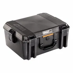 Black stationary case constructed of plastic and polyurethane, weighing 10.73 lb. Secured with four push button latches. Suitable for transporting and protecting sensitive equipment, tools, or instruments in industrial, field-service, and logistics settings.