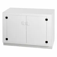 This stationary polypropylene base cabinet provides a stable support platform for a ductless filtered workstation. It offers storage space for laboratory supplies and is compatible with the MYSTAIRE MY-ISL36P2 workstation. The cabinet has a white finish and a single door.