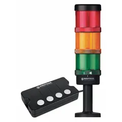 Three-tier tower light assembly with green, red, and yellow light tiers for visual status indication. Operates on 115 to 230V AC, overall height 160 mm. No sounder tier. Used in industrial automation and machinery to signal operating conditions.