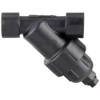 This polypropylene Y strainer features 1/2 inch NPT connections, an 80 mesh 304 stainless steel screen, and an EPDM seal. It measures 6 inches in height and 5 7/8 inches in length. Used to filter debris from liquid lines in agricultural irrigation, chemical transfer, and industrial water systems
