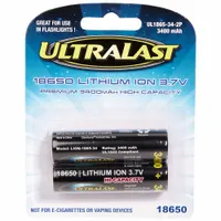 This 2-pack of ULTRALAST 18650 batteries features lithium-ion chemistry and a nominal voltage of 3.7V DC. Suitable for portable electronics, flashlights, power tools, and backup power systems that accept standard 18650 cells