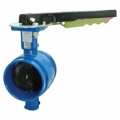 This SHARPE butterfly valve features a ductile iron disc and a lever handle for manual operation. It has a clamp connection with 3 bolt holes and is rated for a maximum pressure of 300 psi (CWP). Suitable for on-off or throttling flow control in general-service piping systems handling water, air, and non-corrosive media.