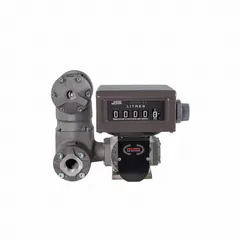 Mechanical-display flowmeter for fuel transfer pumps. Anodized aluminum housing resists corrosion. Accuracy of +/-0.5%. Measures flow in liters.